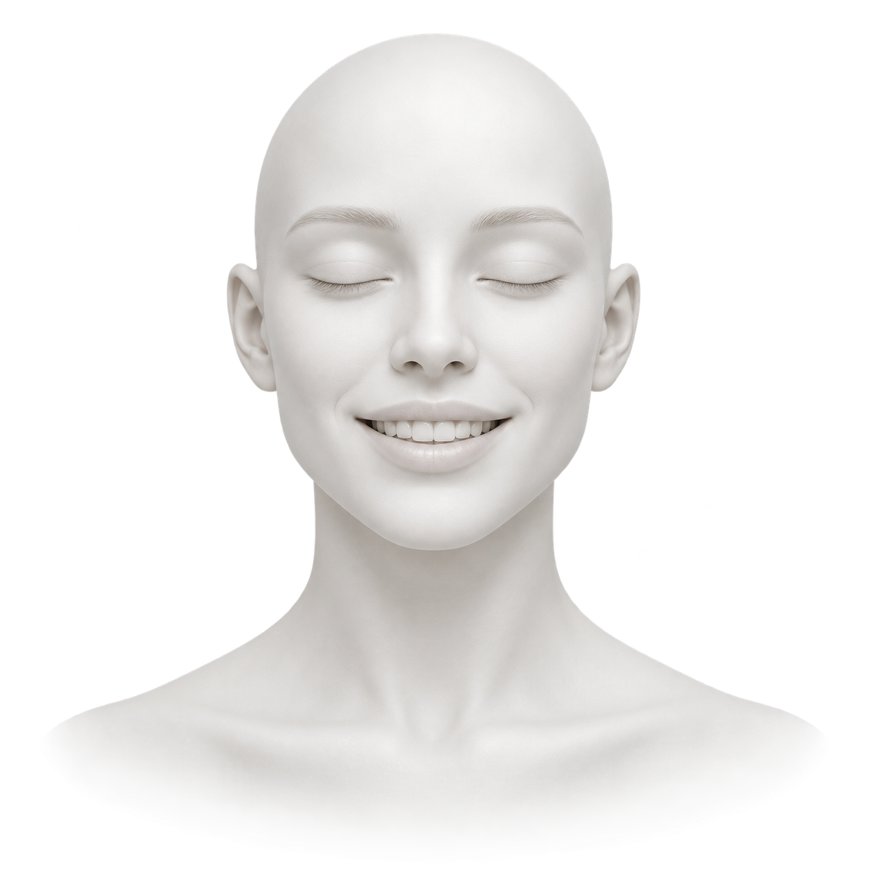 Visage blanc de face, sourire doux laissant voir les dents